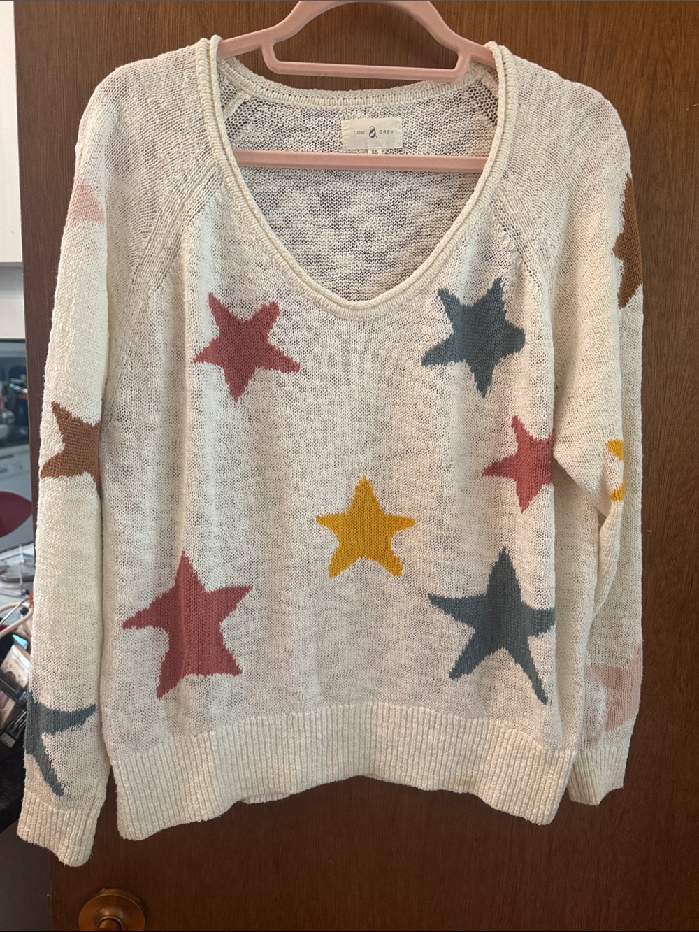 Lou & Grey Cream V-Neck Sweater with Multicolor Star Motif